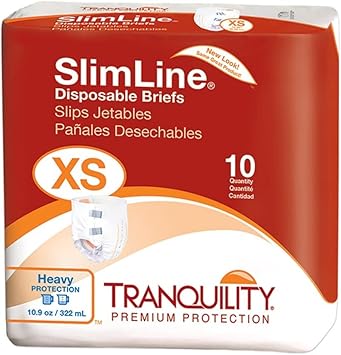 Tranquility Slimline Original Adult Disposable Brief, Adult X-Small, Incontinence Care With A Slimmer Fit, Peach Mat Core& Kufguard Technology For Max Comfort, Latex-Free, 10.9Oz Capacity, 10Ct Bag