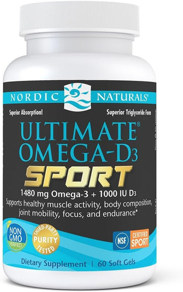 Nordic Naturals Ultimate Omega-D3 Sport, Lemon - 60 Soft Gels - 1480 mg Omega-3 + 1000 IU Vitamin D3 - NSF Certified - Supports Muscle, Bones, Focus & Endurance - 30 Servings