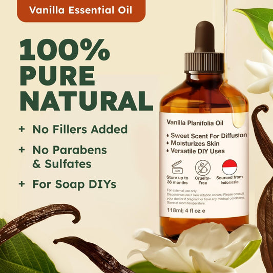 Kukka Vanilla Essential Oil For Diffuser - 100% Pure Natural Vanilla Oleoresin Essential Oil - Vanilla Essential Oil For Skin - Long Lasting Vanilla Oil Perfume - Soap Making Scent & Diy (4 Fl Oz)