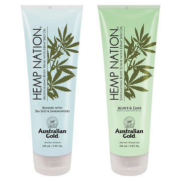 Australian Gold Hemp Nation Shower Bundle - Sea Salt & Sandalwood Body Wash (8 Fl Oz) And Agave & Lime Body Scrub (8 Fl Oz), Moisturizing Wash And Exfoliating Scrub, Pure Hemp Seed Oil