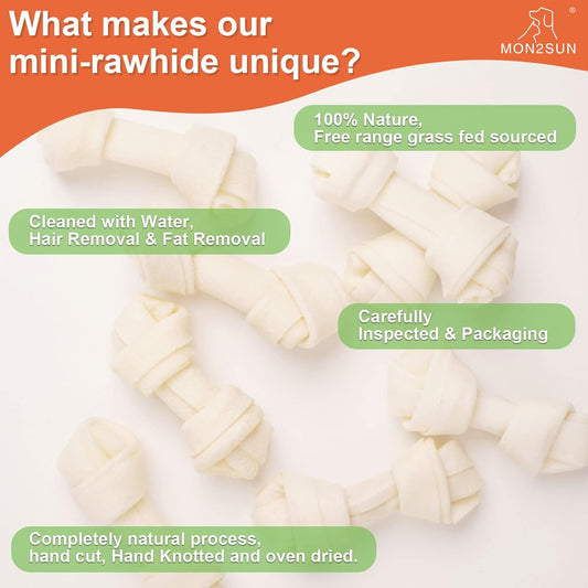 Mon2Sun Dog Rawhide Knot Bones Small Rawhide Bones Mini Dog Chew Bones Natural 2.5 Inch 100 Count For Puppy And Small Dogs