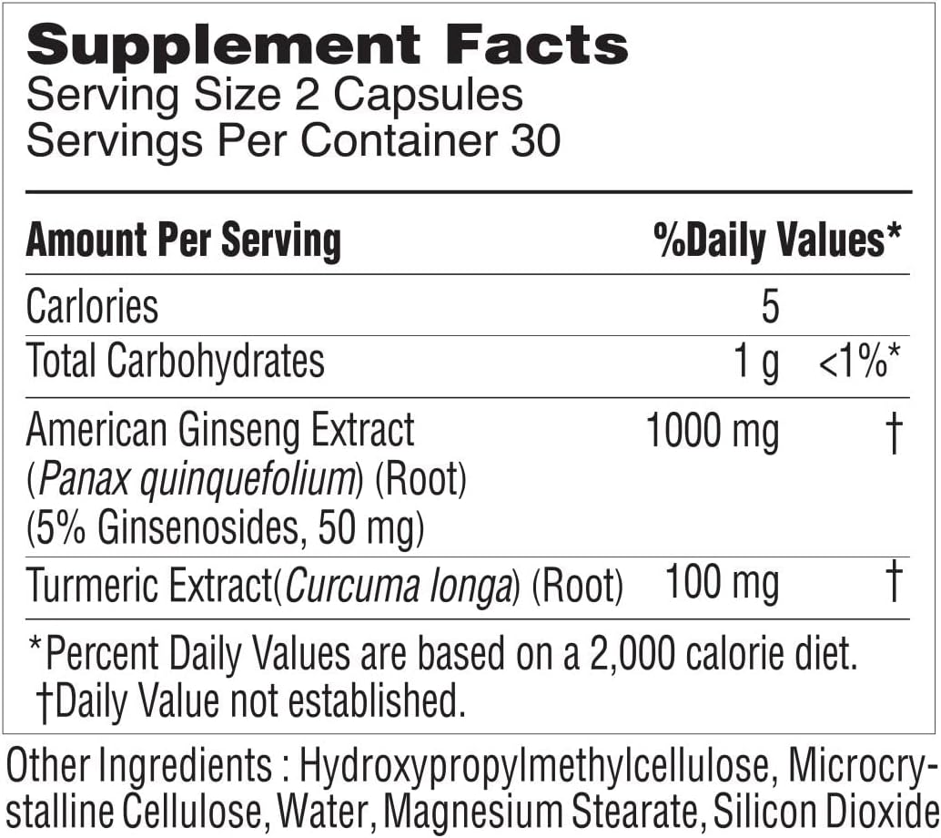KORESELECT American Ginseng Capsules - 1000 mg American Ginseng Extract for Pre Workout, Energy & Immune Support Ginseng Supplement with Turmeric Extract - 60 Capsules… : Health & Household