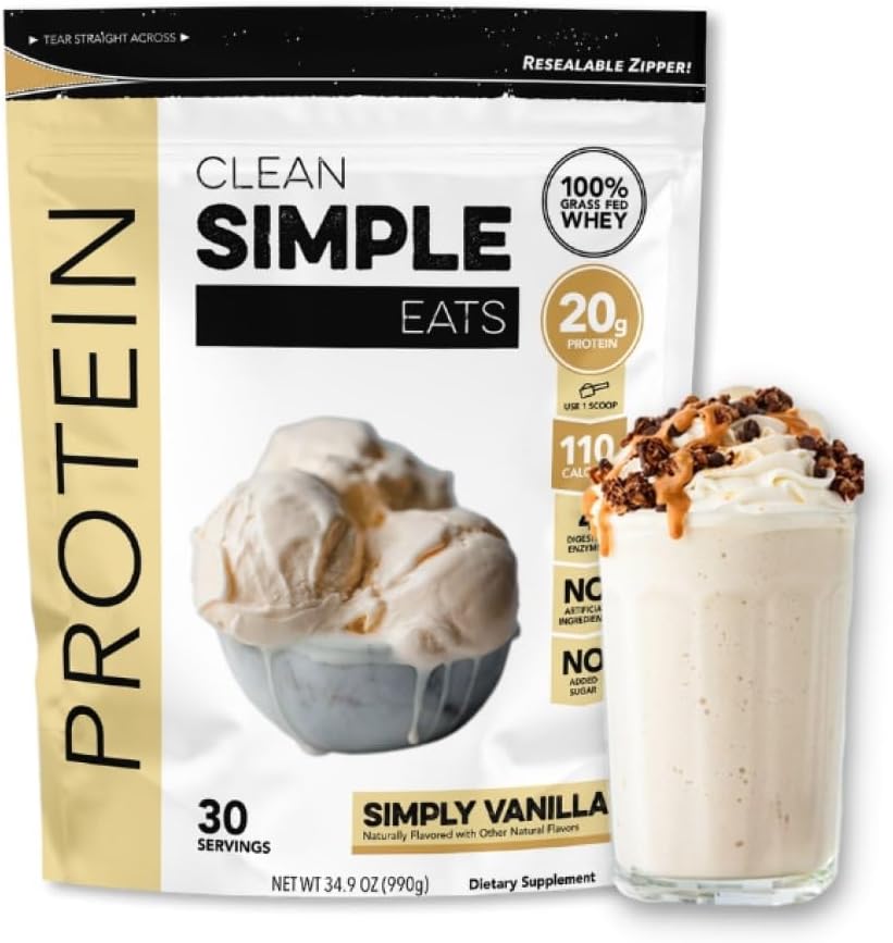 Clean Simple Eats Simply Vanilla Whey Protein Powder, Natural Sweetened and Cold-Processed Whey Protein Powder, 20 Grams of Protein (30 Servings)