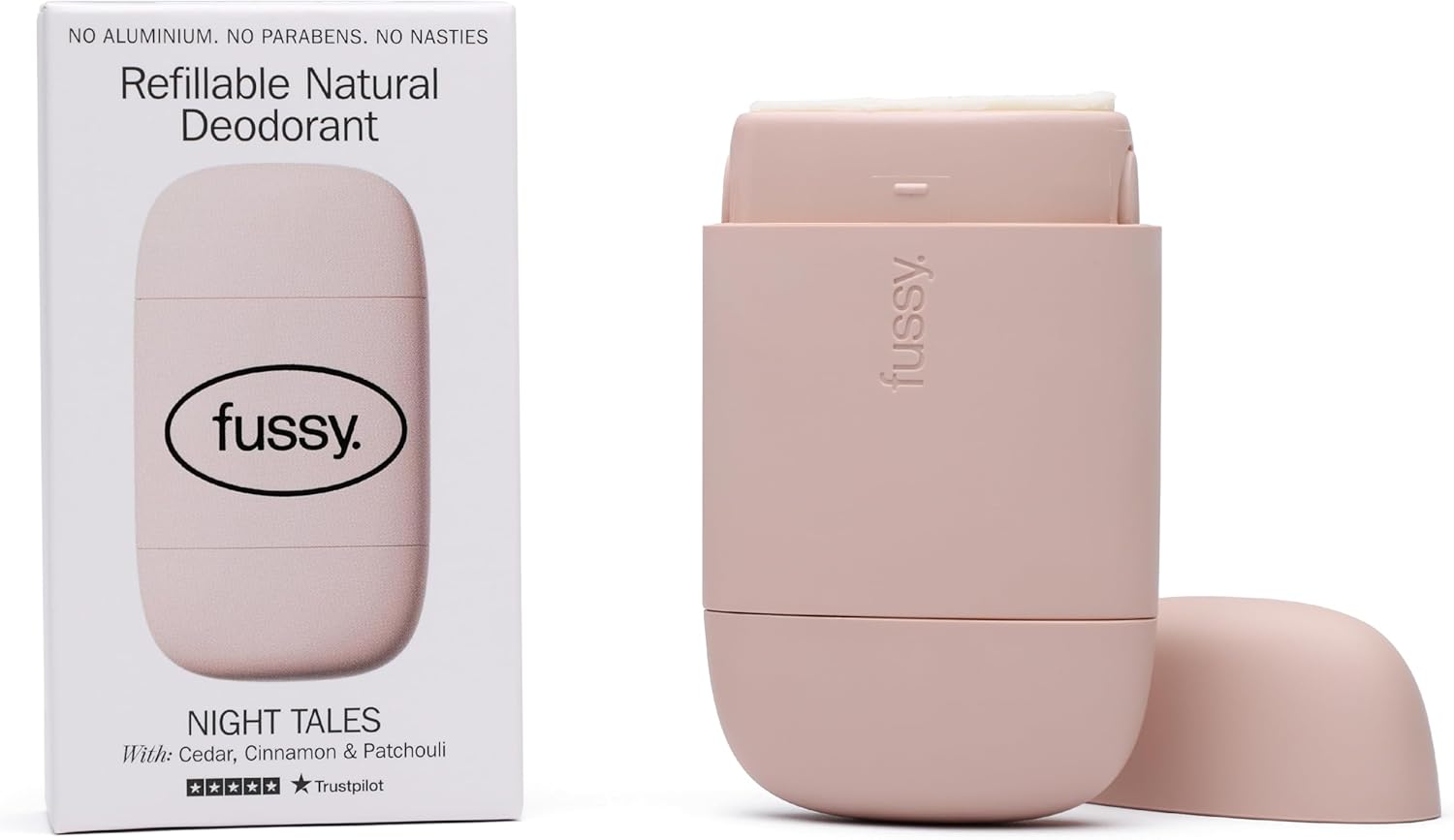 Fussy - Natural Refillable Deodorant - Aluminium Free - 24 Hour Protection - Floral Scent And Blush Pink Case - Cedar, Cinnamon And Patchouli - Vegan & Cruelty Free - 100% Natural & Effective