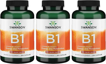 Swanson Vitamin B1 (Thiamin) - Promotes Healthy Metabolism And Provides Energy Support - Natural Vitamin Supplement Supporting Optimum Nerve Cell Function - (250 Capsules, 100Mg Each) 3 Pack
