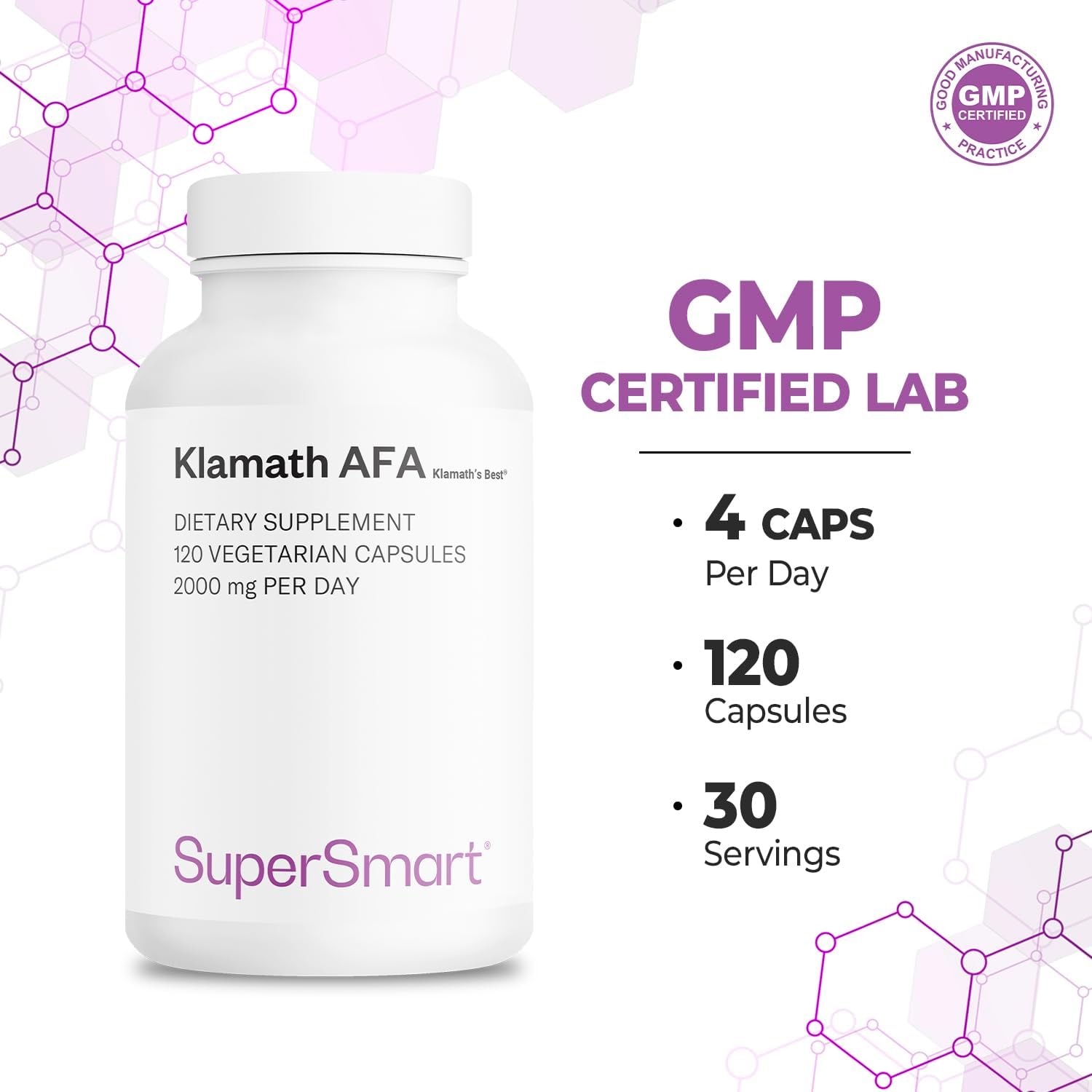 Supersmart - Afa Extract 1000 Mg Per Day (Patented) - Aphanizomenon Flos-Aquae - Blue-Green Algae Supplement | Non-Gmo & Gluten Free - 120 Vegetarian Capsules : Health & Household