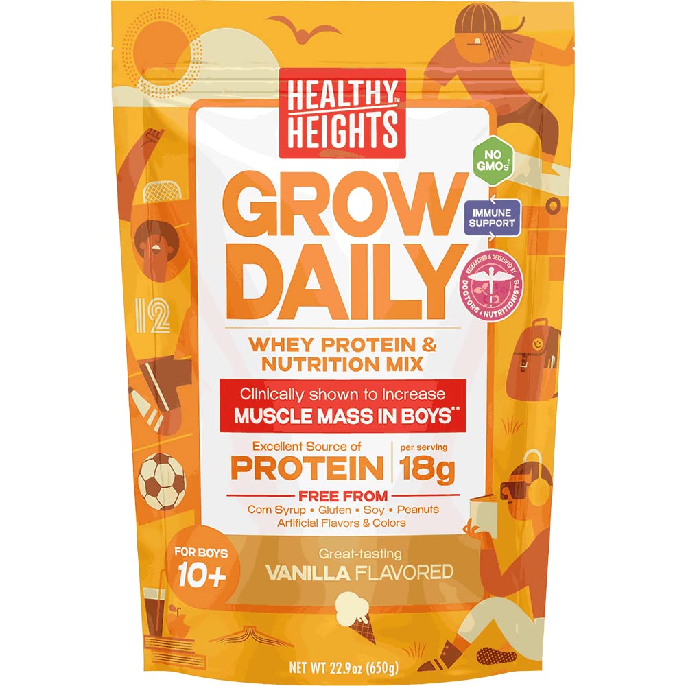 Healthy Height Grow Daily Boys 10+ Shake Mix Bag Protein Powder (Vanilla) - Developed By Pediatricians - High In Protein Nutritional Shake - Contains Key Vitamins & Minerals