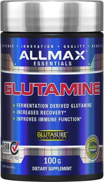 Allmax Essentials Glutamine - 100 G Powder - Fermentation-Derived Glutamine - Increases Recovery & Supports Immune System - Gluten Free & Vegan - 20 Servings