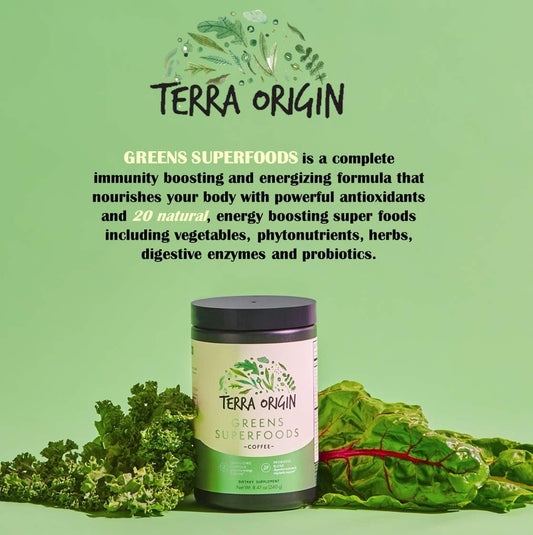 Terra Origin Greens Powder Immune Defense And Digestive Support | Probiotics, Organic Vegetables, Digestive Enzymes | Non-Gmo, Gluten-Free, Dairy Free, Vegan | 30 Servings | Coffee Flavor