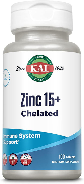 Kal Zinc 15+ With Betaine Hcl & Trace Minerals, Healthy Metabolism & Immune System Function Support, Chelated For Absorption, Vegetarian, 100 Tablets