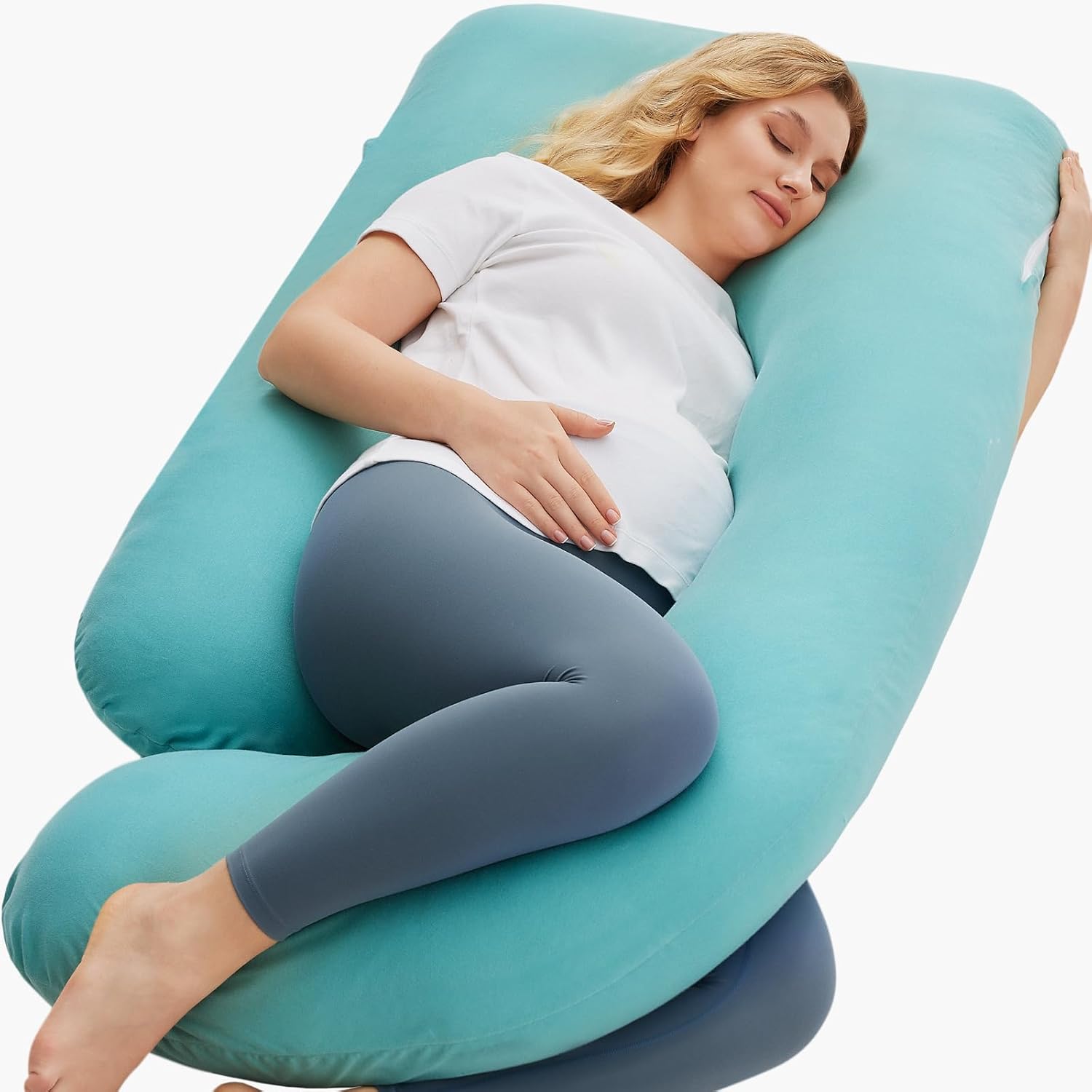 Momcozy U Shaped Pregnancy Pillows With Cotton Removable Cover, 57 Inch Full Body Pillow Maternity Support, Must Have For Pregnant Women, Tiffany Blue