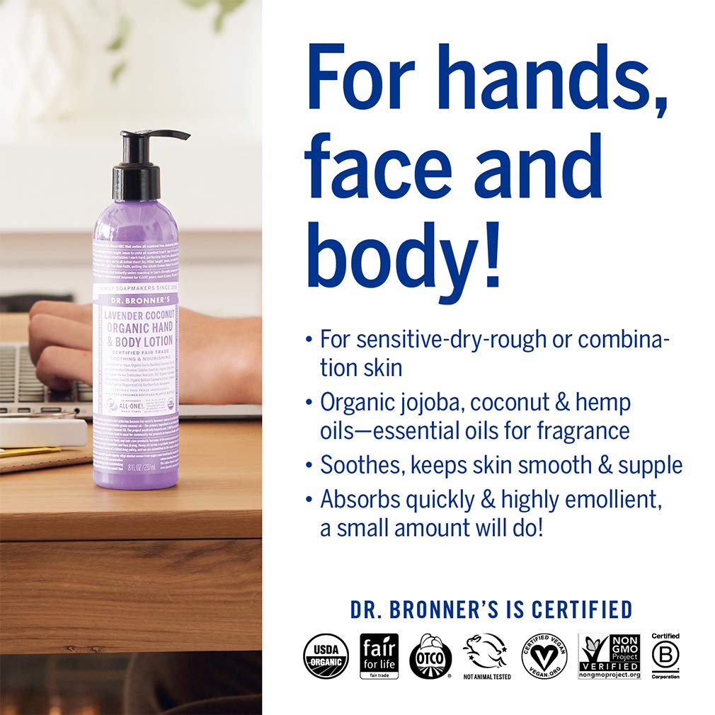 Dr. Bronner's - Organic Lotion (Lavender Coconut, 8 Ounce) - Body Lotion and Moisturizer, Certified Organic, Soothing for Hands, Face and Body, Highly Emollient, Nourishes and Hydrates, Vegan, Non-GMO : Beauty & Personal Care