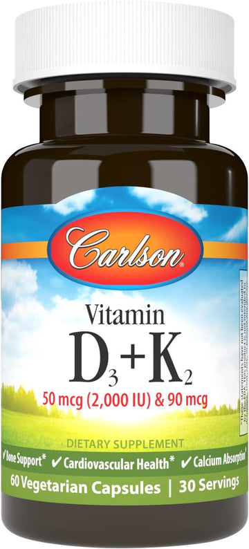 Carlson - Vitamin D3 + K2, 50 mcg (2000 IU) Vitamin D3 & 90 mcg Vitamin K2 as MK7, Bone Support, Calcium Absorption, 60 Capsules