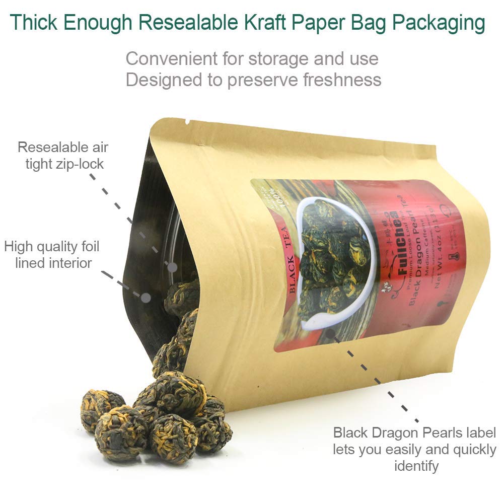 Fullchea - Black Dragon Pearl Tea - Special Yunnan Black Tea - Loose Leaf Tea - Medium Caffeine - Mild Flavor Mellow Tastes - 4Oz / 113G
