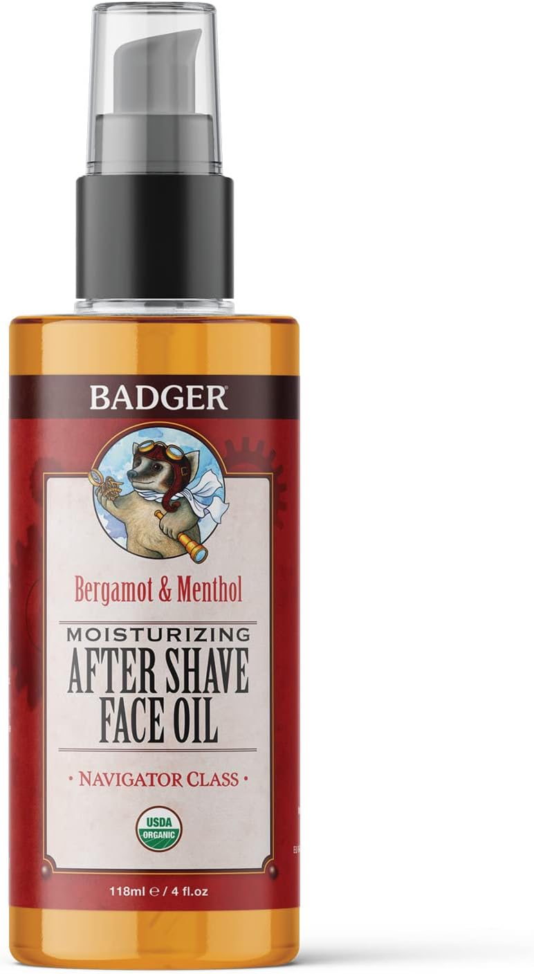 Badger - After-Shave Face Oil, Bergamot & Menthol, Moisturizing Aftershave Oil, Natural After Shave Face Oil For Men, 4 Fl Oz Glass Bottle