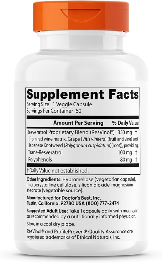Doctors Best Trans-Resveratrol 100, Resveratrol With Red Wine Polyphenol (Resvinol), Non-Gmo, Gluten Free, Soy Free, Vegan 60 Veggie Caps