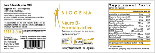 Biogena Vitamin B Complex Capsules With All 8 B-Vitamins B1, B2, B6, B12, Folate, Niacin, Biotin And Pantothenic Acid To Support Psyche & Nervous System** - Neuro B-Formula Active Gold