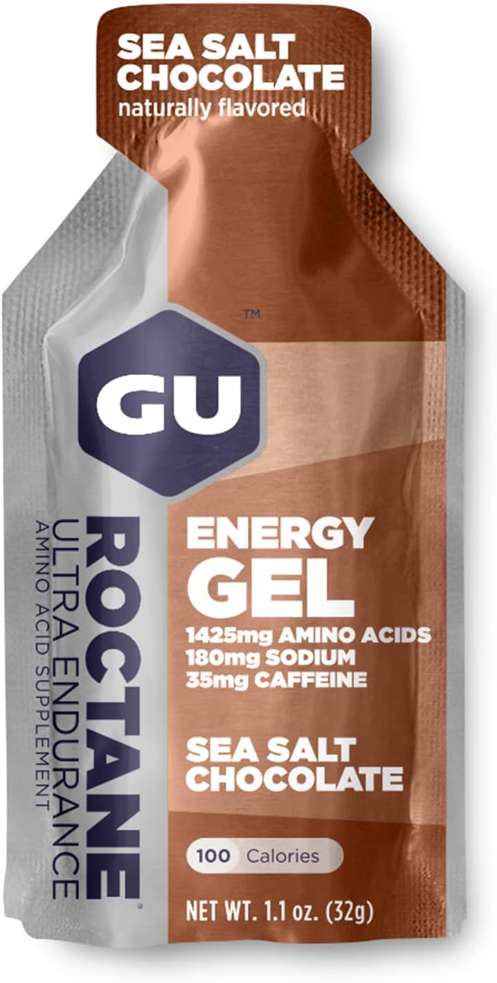 Gu Energy Roctane Ultra Endurance Energy Gel, Vegan, Gluten-Free, Kosher, And Dairy-Free On-The-Go Sports Nutrition For Running, Biking, Hiking Or Skiing, Sea Salt Chocolate, 24-Count