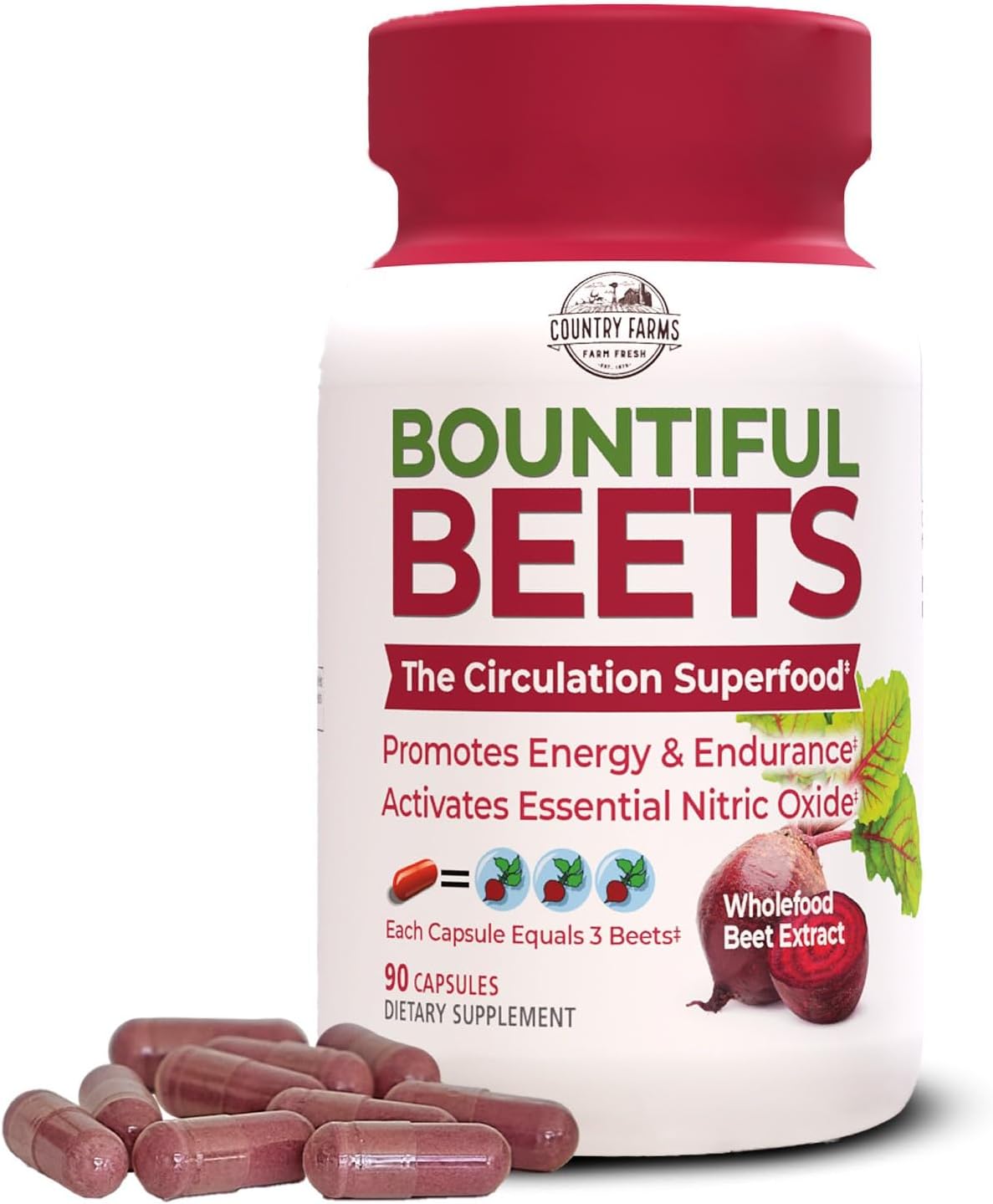 Country Farms Bountiful Beets Capsules, Wholefood Beet Extract Superfood, Natural Nitric Oxide Booster, Beet Root Powder, Circulation And Immune Support, 90 Count, 90 Servings