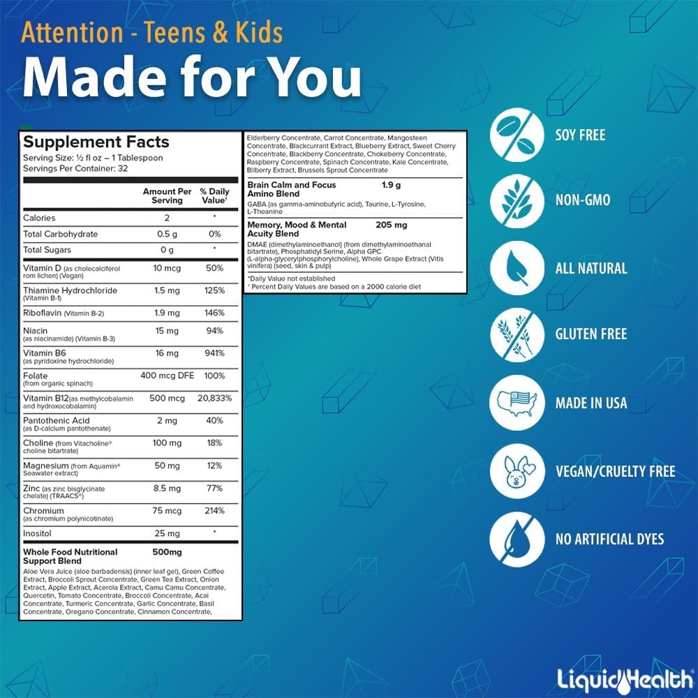 LIQUIDHEALTH Attention Liquid Multivitamin for Kids & Teens - Improves Memory Retention, Concentration, Focus, Mood, Relaxation & Calming - Great Taste, Vegan, Sugar-Free (16 oz) : Health & Household