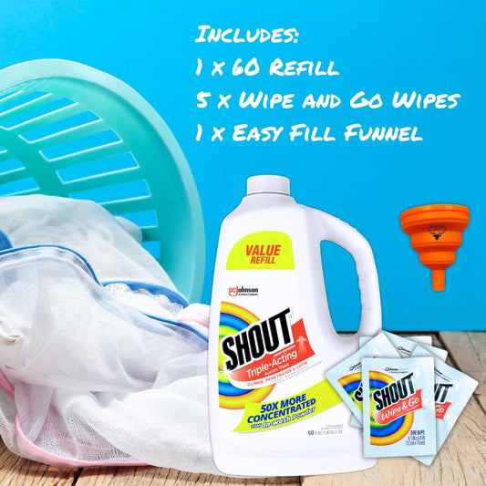 Shout Stain Remover Refill and Wipes, Triple-Acting Spot Treatment 60 Fluid Ounce Refill, 5 Shout Wipe and Go, Bundle with Dauntless Merch Easy Fill Funnel (color may vary)
