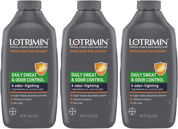 Lotrimin Daily Sweat & Odor Control Medicated Foot Powder, Topical Starch Skin Protectant, 6 Odor-Fighting Ingredients To Control Odor, 6.25 Ounce (177 Grams) Bottle (Pack Of 3)