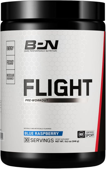 Bare Performance Nutrition Bpn Flight Pre Workout, Supports Energy And Mental Focus, Improved Endurance & Muscle Pumps With Carnosyn® Beta Alanine, Blue Raspberry, 30 Servings