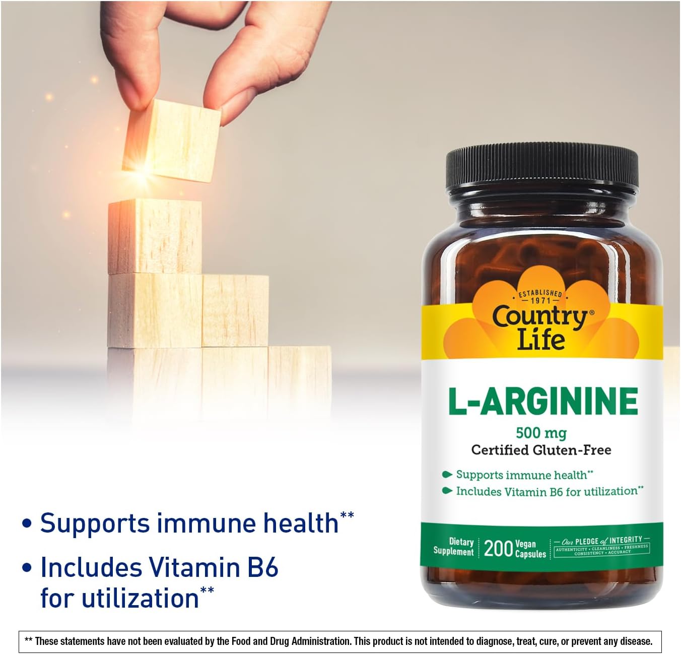 Country Life L-Arginine Caps With Vitamin B-6, 500Mg, 100 Vegan Capsules, Certified Gluten Free, Certified Vegan