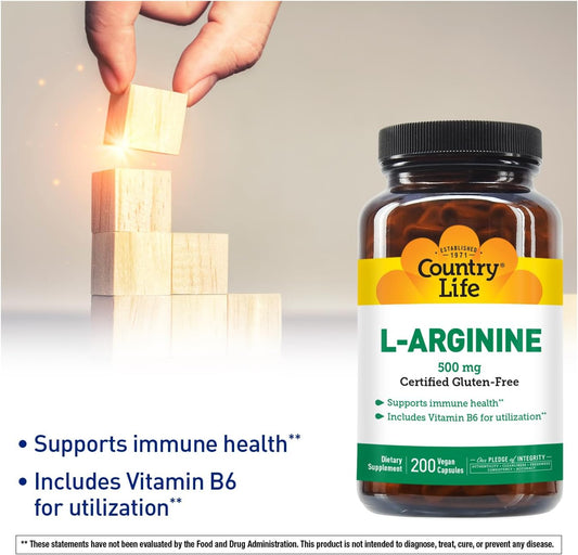 Country Life L-Arginine Caps With Vitamin B-6, 500Mg, 200 Vegan Capsules, Certified Gluten Free, Certified Vegan