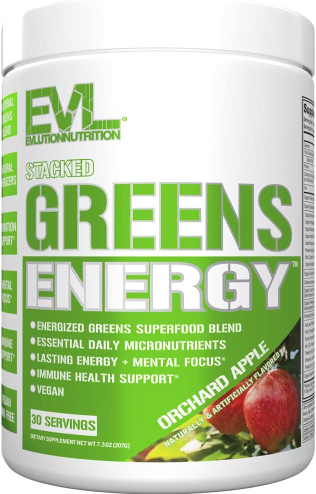 Greens and Superfoods Energy Drink Powder - EVL Super Greens Powder Smoothie Mix with Caffeine Spirulina Chlorella and Wheat Grass - Vegan Greens Superfood Powder for Energy Focus and Immunity