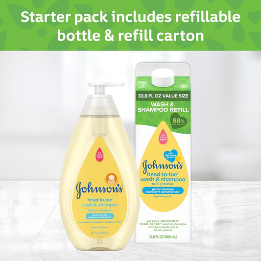 Johnson'S Baby Head To Toe Baby Bath Starter Kit, Hypoallergenic Wash & Shampoo For Baby'S Sensitive Skin & Hair, Baby Bath Bottle, 27.1 Fl. Oz, And Value Size Baby Wash Refill Pack, 33.8 Fl. Oz