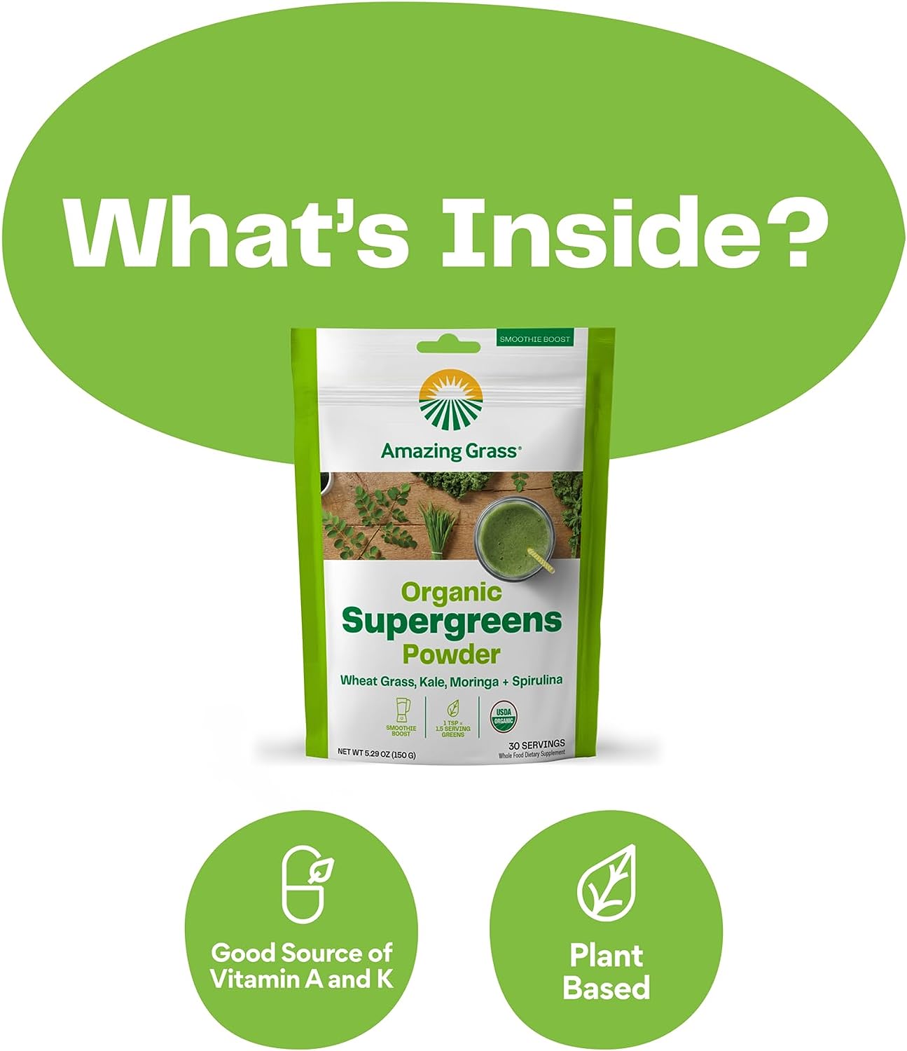 Amazing Grass Super Greens Booster: Greens Powder Smoothie Mix with Spirulina, Moringa, Wheat Grass & Kale Smoothie Booster, Chlorophyll Providing Greens, 30 Servings : Health & Household