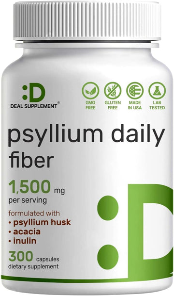 Psyllium Husk 1500mg Per Serving, 300 Capsules ? 3 in 1 Fiber with Inulin & Acacia Complex ? Natural Soluble Fiber Supplement, Supports Digestive Health ? Plant Based, Non-GMO