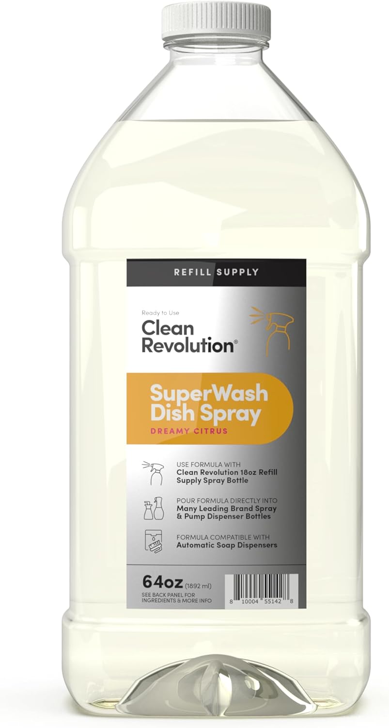 Clean Revolution SuperWash Dish Soap Spray 64oz Refill Supply Container, Ready to Use Formula, Citrus Fragrance, 1 Pack