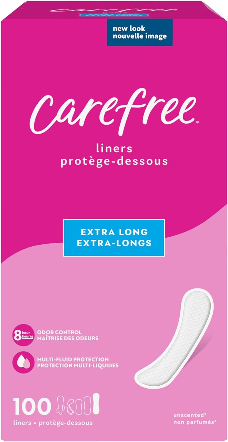 Carefree Panty Liners, Extra Long Liners, Unwrapped, Unscented, 100ct (Packaging May Vary)