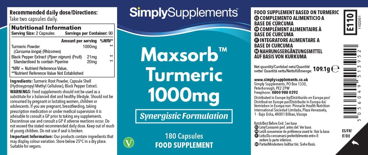 Turmeric 1000mg Maxsorb Curcumin 180 Capsules | Black Pepper Extract Bioperine® for Maximum Support | Vegan & Vegetarian Friendly | Natural Digestive Aid | Manufactured in The UK : Amazon.co.uk: Health & Personal Care