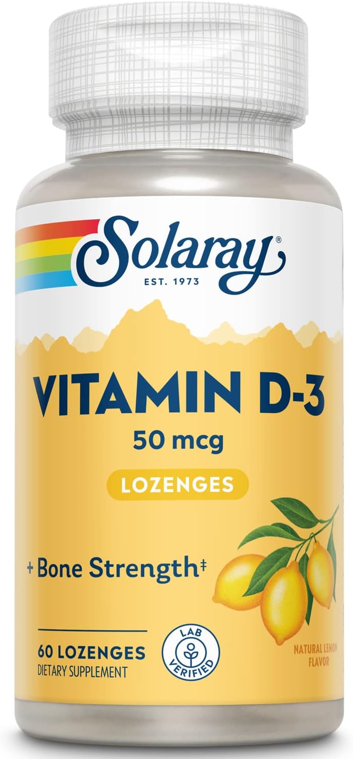 SOLARAY Vitamin D3 Lozenges 50mcg - 2000IU D3 Vitamin - Strong Bones, Muscle and Immune Support - Natural Lemon Flavor - Lab Verified, 60-Day Guarantee - 60 Servings, 60 Lozenges