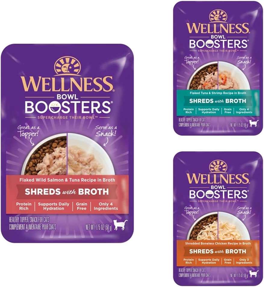 Wellness Bowl Boosters Wet Cat Food Topper Variety Bundle (36 Pack): Flaked Salmon & Tuna in Broth + Flaked Tuna & Shrimp in Broth + Shredded Chicken in Broth : Pet Supplies