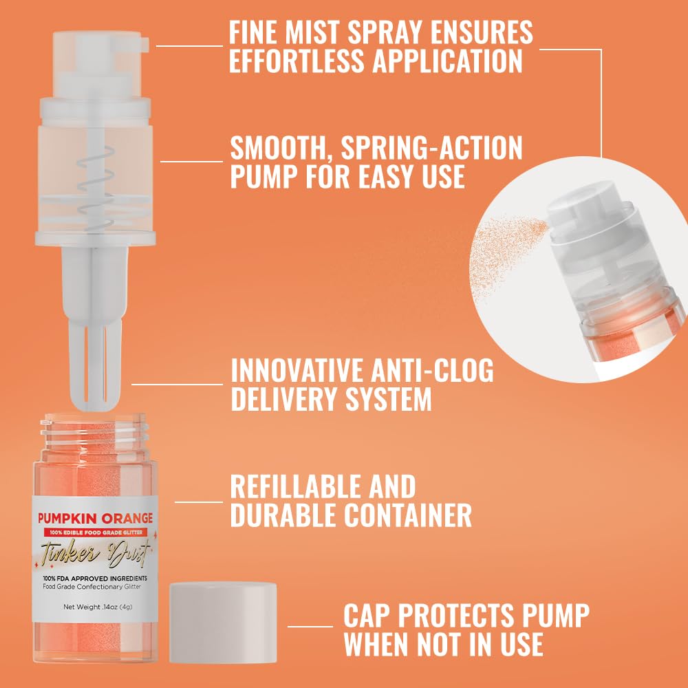 Bakell - Pumpkin Orange Tinker Dust (4G, 1X Mini Spray Pump) Edible Glitter For Food, Desserts, And Beverages! : Grocery & Gourmet Food