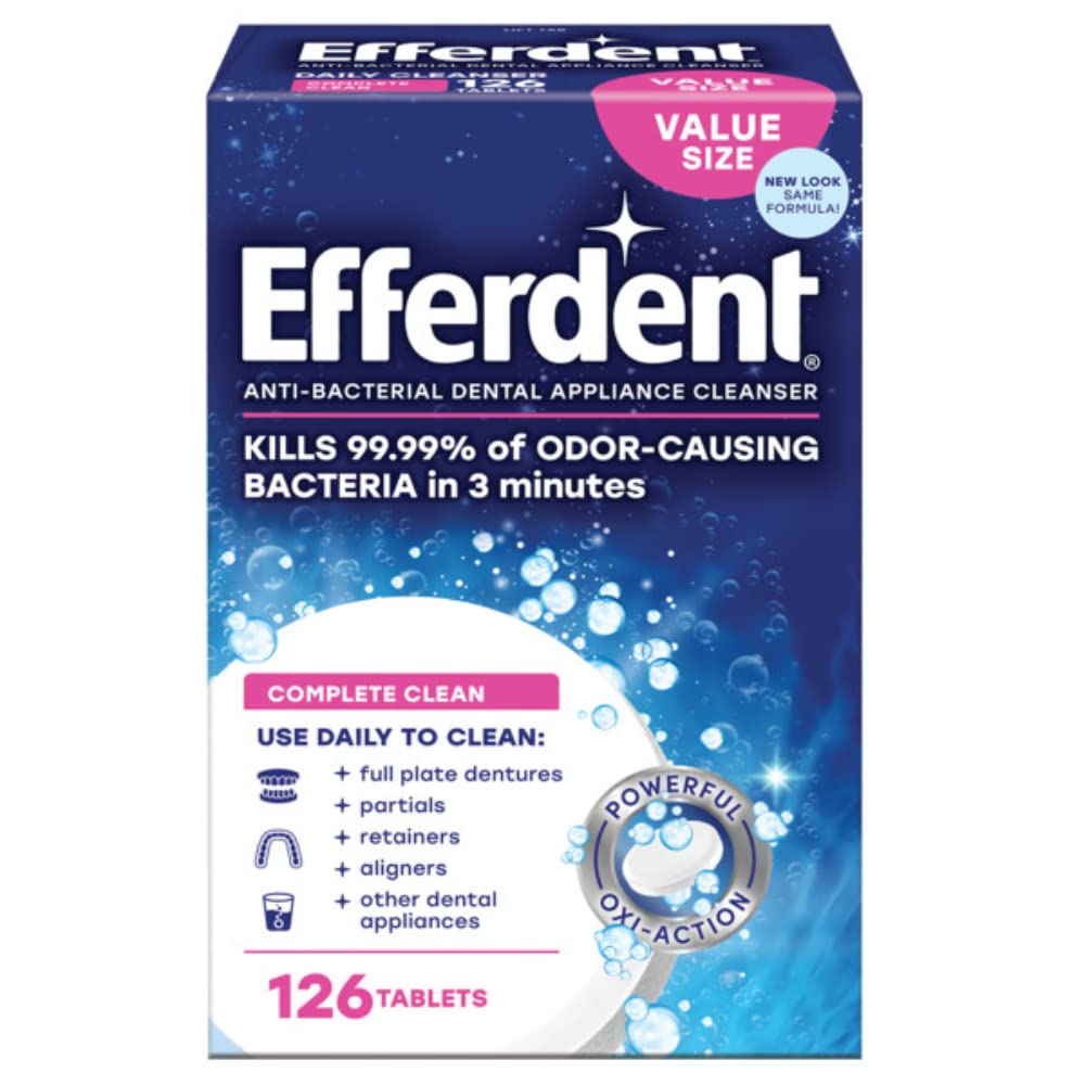 Efferdent Retainer Cleaning Tablets, Denture Cleaning Tablets for Dental Appliances, Complete Clean , 126 Count, (Pack of 6)