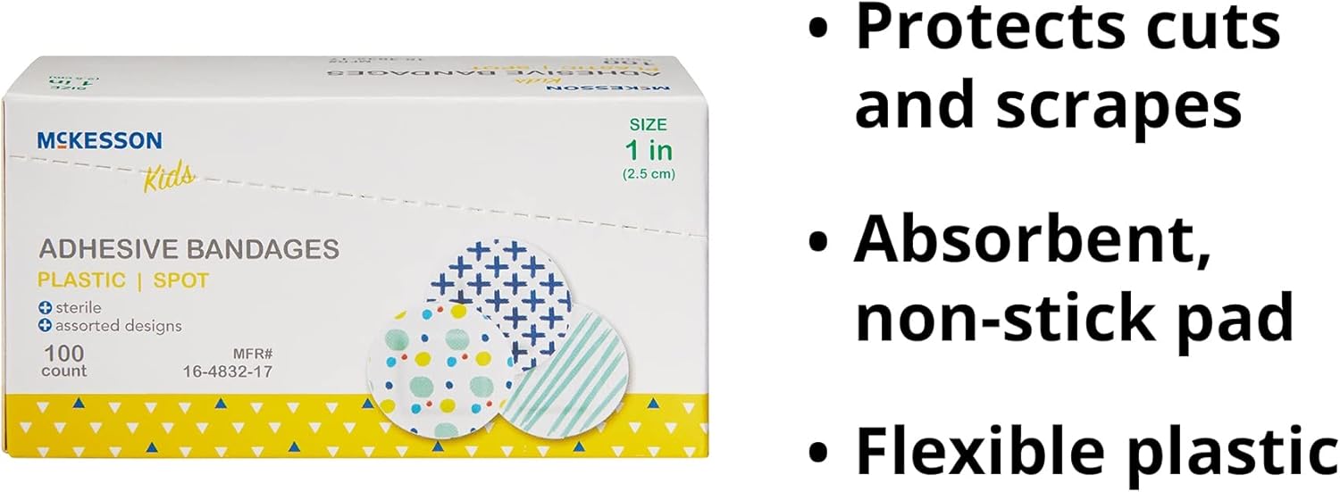 McKesson Kids Adhesive Bandages, Sterile, Plastic Spot, Assorted Print, 1 in, 100 Count, 1 Pack : Health & Household