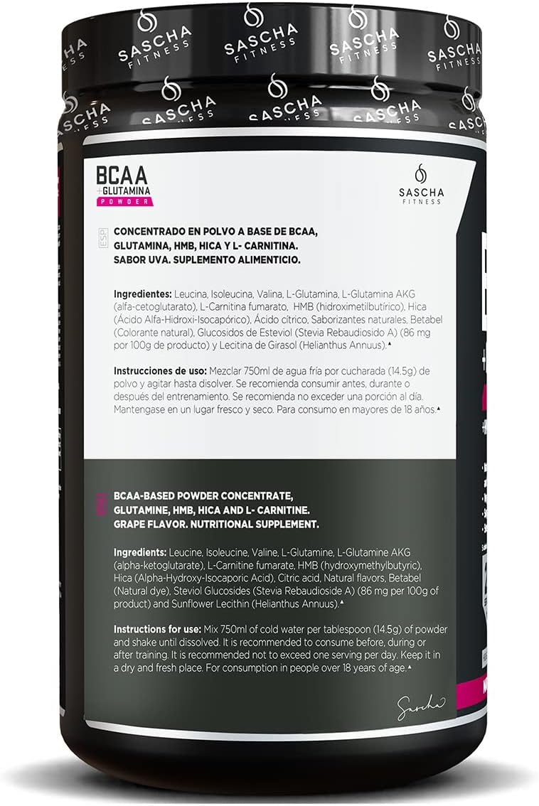 SASCHA FITNESS BCAA 4:1:1 + Glutamine, HMB, L-Carnitine, HICA | Powerful and Instant Powder Blend with Branched Chain Amino Acids (BCAAs) for Pre, Intra and Post-Workout | Natural Grape Flavor,362.5g : Health & Household