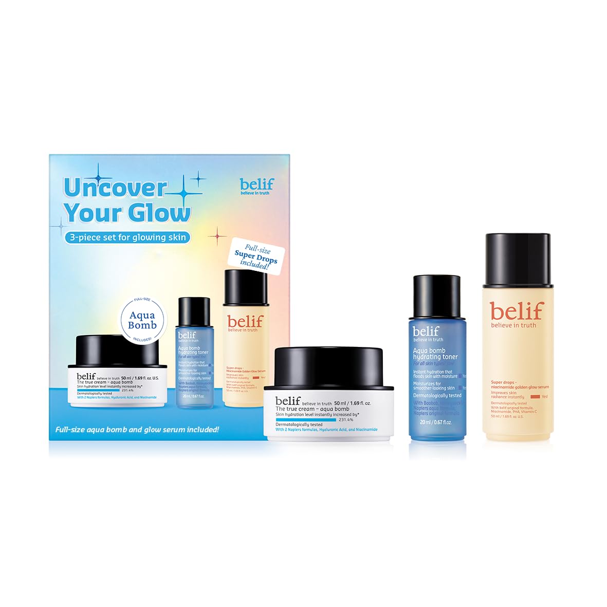 Belif Uncover Your Glow Set, Aqua Bomb Daily Face Moisturizer, Niacinamide Vitamin C Golden Glow Serum, Aqua Bomb Hydrating Toner - Hyaluronic Acid, For All Skin Types, Korean Skin Care