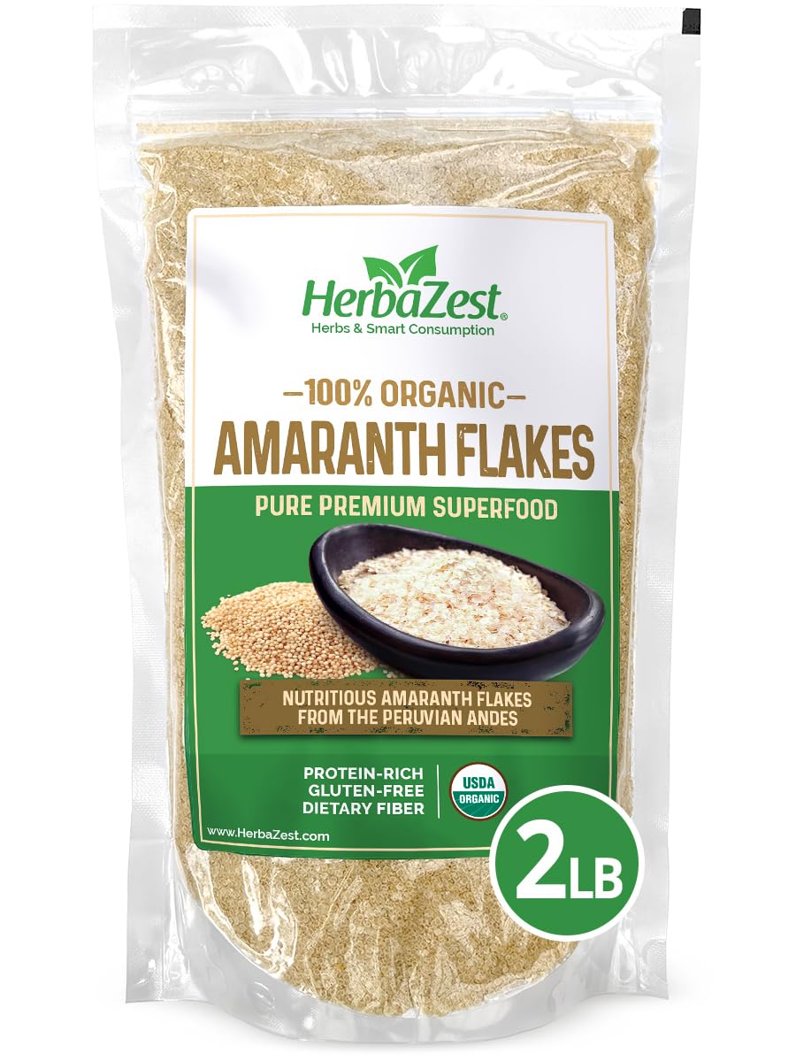 HerbaZest Amaranth Flakes (2 LB) - USDA Certified Organic - Vegan, Non-GMO & Gluten Free - Pure Quality Superfood for Breakfast, Snacks, Desserts & More