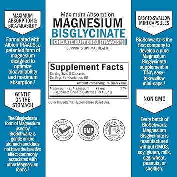 Magnesium Bisglycinate 100% Chelate No-Laxative Effect - Maximum Absorption Magnesium Supplement - Fully Reacted & Buffered For Energy Muscle Bone & Joint Support - Non-Gmo Project Verified -180Ct