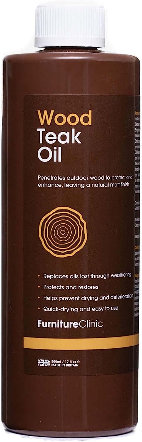 Furniture Clinic Teak Oil | Wood Oil Protects & Cleans Outdoor & Indoor Furniture | Restores & Protects Wood, Prevents Drying & Other Damage | Natural Matte Finish | Safe for Daily Use, 17oz/500ml
