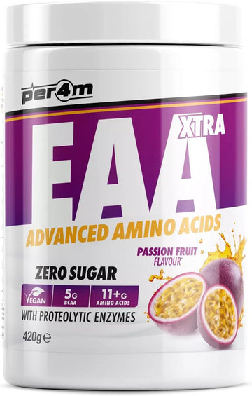 Per4M Eaa Xtra/Amino Xtra | 30 Servings Of Full Spectrum Eaa With Proteolytic Enzymes | Vegan Friendly | Zero Sugar Amino Acid (Passionfruit, 420G)