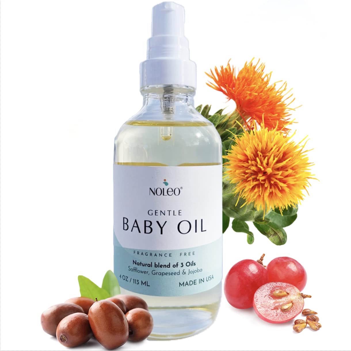 NOLEO Gentle Baby Oil - Calming Baby Oil for Newborn w/Grapeseed, Safflower & Jojoba Baby Skin Care Natural Oils - Baby Oil Organic for Sensitive Skin, No Fragrance & No Perfumes - 4 oz