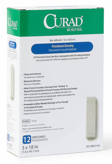 Curad Sterile Latex Free Petrolatum Gauze Dressing, 3" X 18" (Pack Of 72)