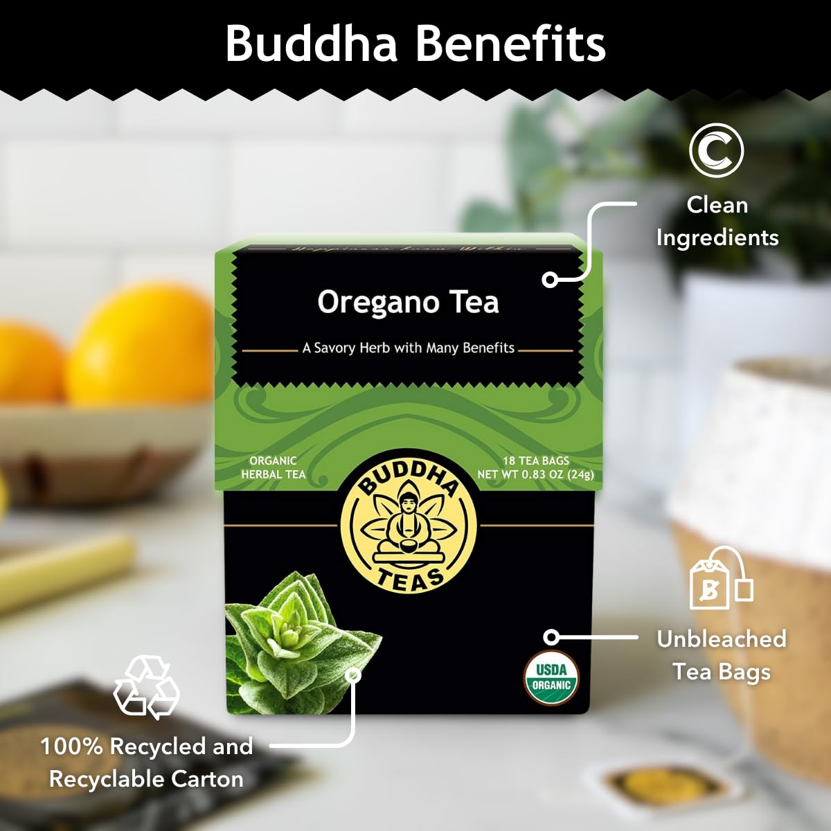 Buddha Teas - Organic Oregano Tea - Herbal Tea - For Health & Wellbeing - With Antioxidants & Minerals - Clean Ingredients - Caffeine Free - Ou Kosher & Non-Gmo - 18 Tea Bags (Pack Of 1)